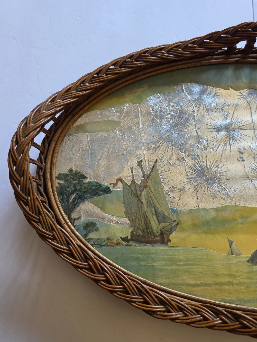 Asian Vintage Wicker Serving Tray Foil Paper Art Glass Top - 19